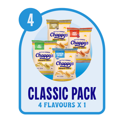 Meet the Classic Pack — your all-access pass to the bold, kettle-cooked crunch that put Chappy’s on the map.