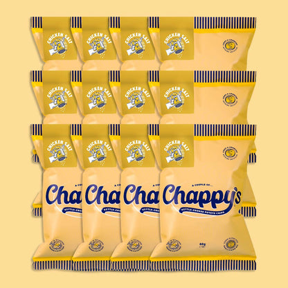 Six packets of Chappy’s Chicken, Salt kettle-cooked potato chips, 85g each, arranged in two rows. Yellow packaging with blue cursive branding, lemon and salt graphics.