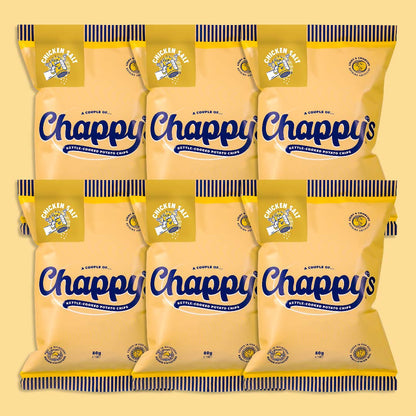 Six packets of Chappy’s Chicken, Salt kettle-cooked potato chips, 85g each, arranged in two rows. Yellow packaging with blue cursive branding, lemon and salt graphics.