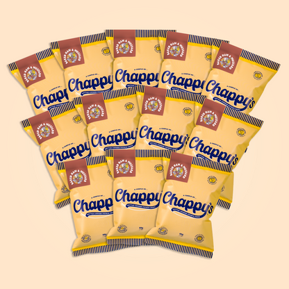 Multiple packages of Chapp's crackers on a beige background