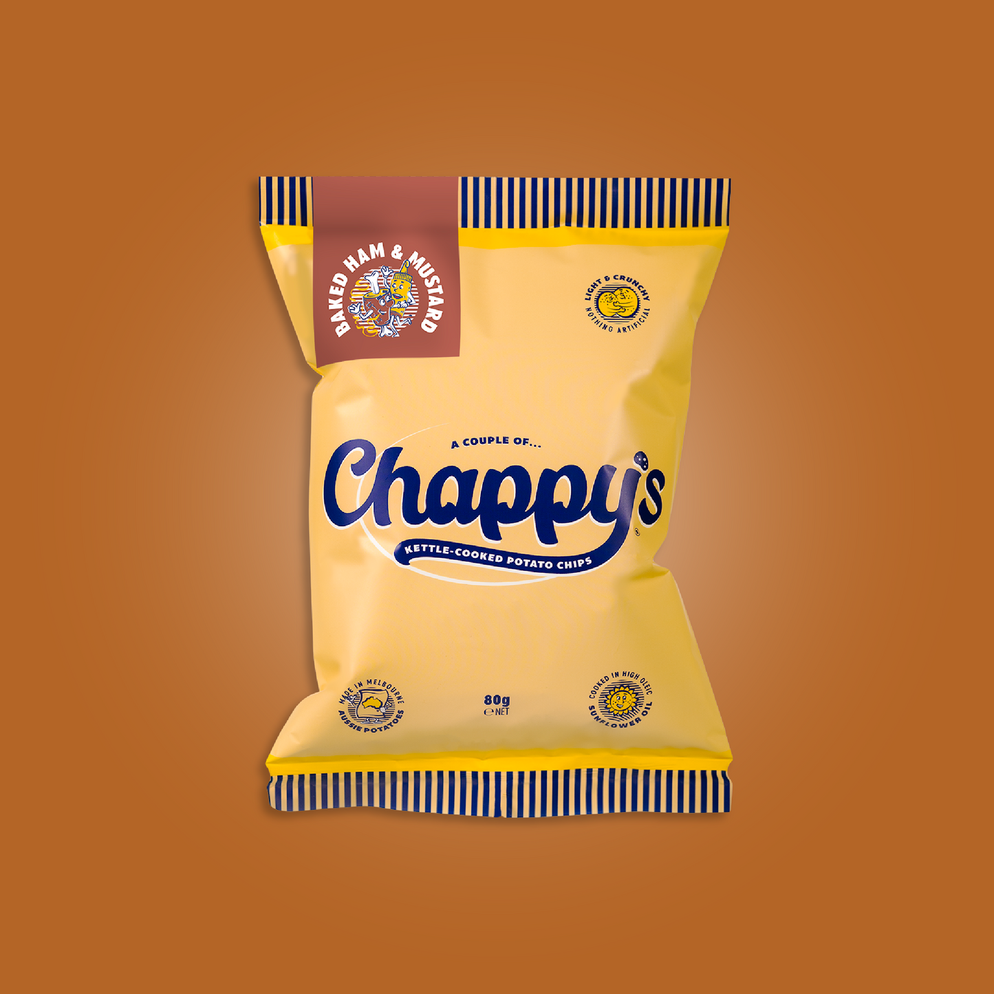 Yellow packet of Chappy's potato chips on a brown background
