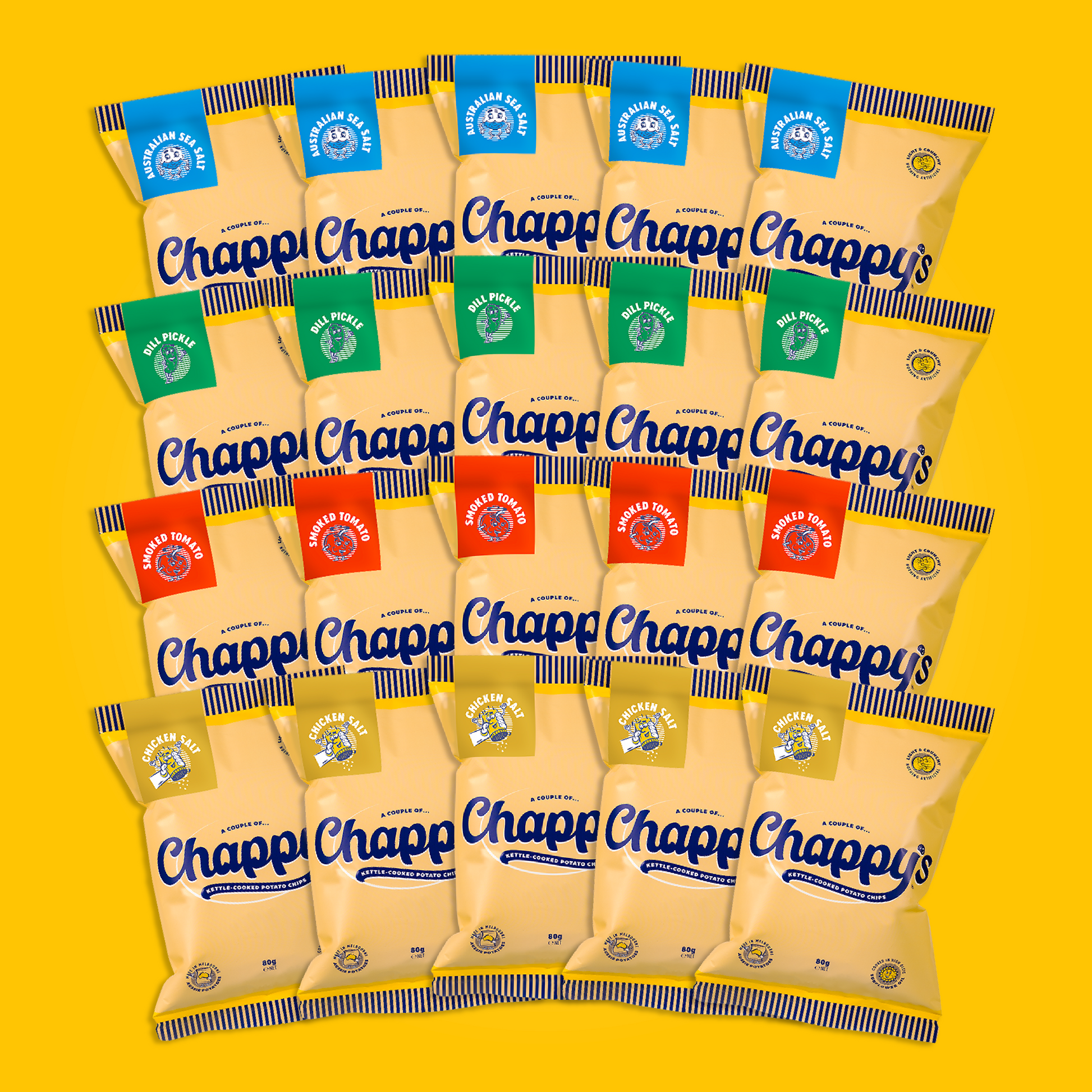 A collection of twenty Chappy's potato chip bags arranged in a grid pattern on a yellow background, showcasing various flavours