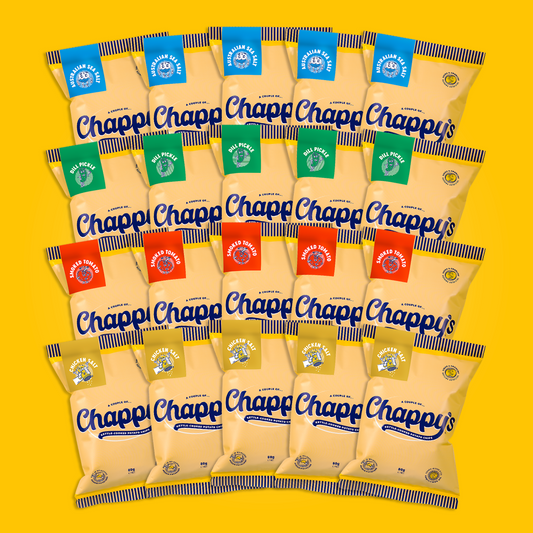 A collection of twenty Chappy's potato chip bags arranged in a grid pattern on a yellow background, showcasing various flavours