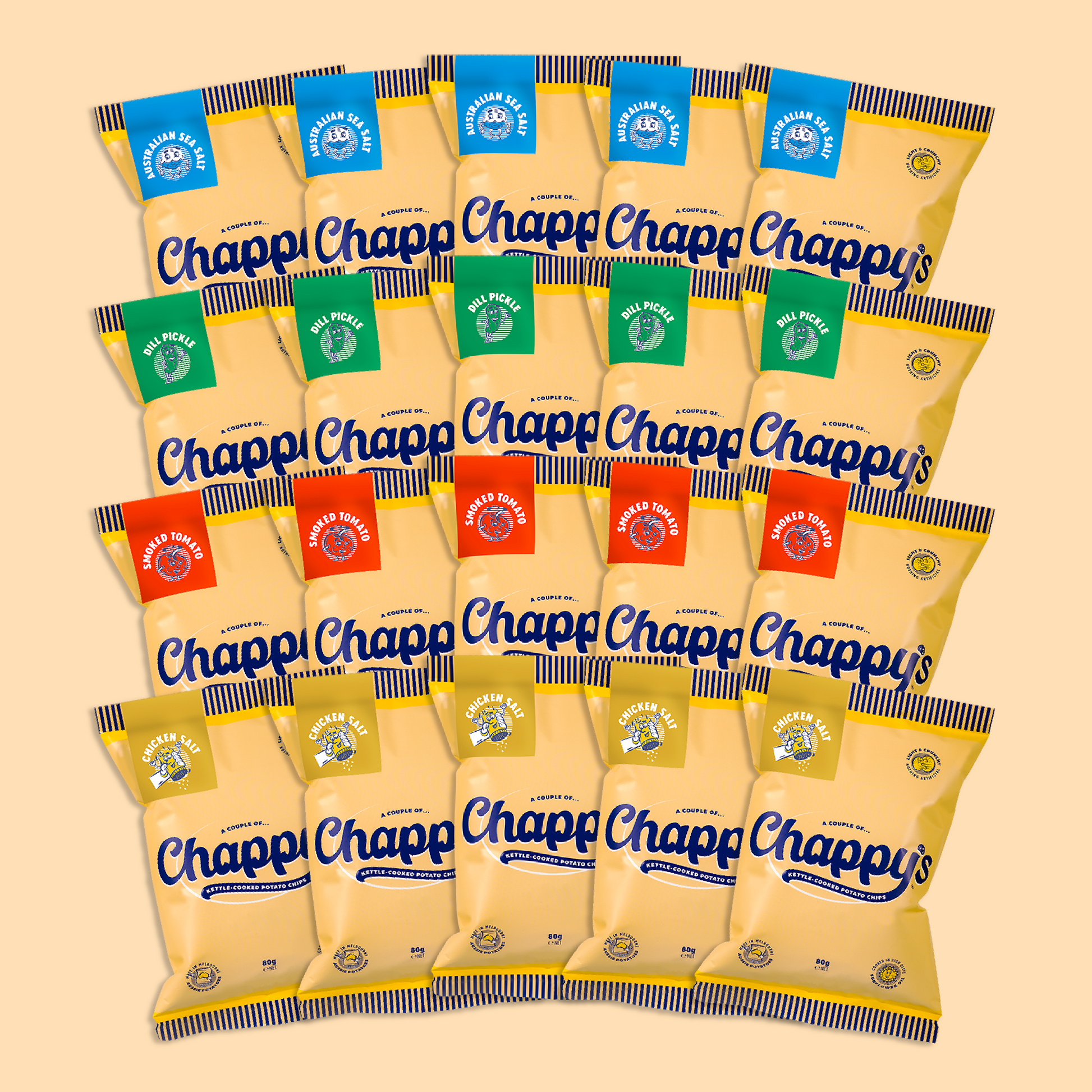 A collection of twenty Chappy's potato chip bags arranged in a grid pattern on a yellow background, showcasing various flavours on yellow background