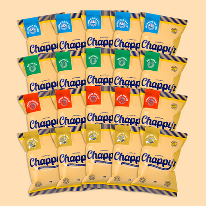 A collection of twenty Chappy's potato chip bags arranged in a grid pattern on a yellow background, showcasing various flavours on yellow background