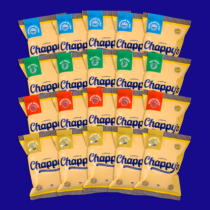 A collection of twenty Chappy's potato chip bags arranged in a grid pattern on a yellow background, showcasing various flavours on blue background
