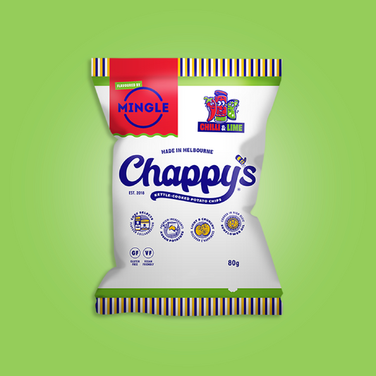 A package of Chappy's Mingle Chilli & Lime flavoured chips, 80g size, with branding and design elements visible.