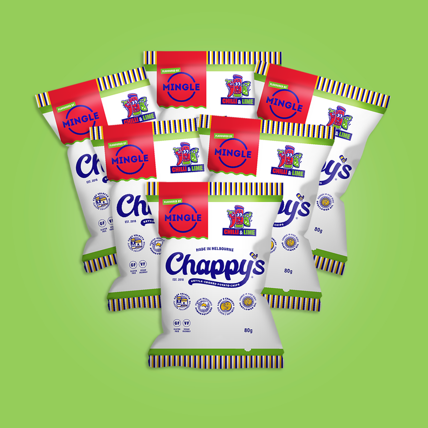 Six packets of Chappy’s Mingle Chilli & Lime kettle-cooked chips, 80g each, arranged in a fan shape on a green background. White packaging with colourful striped borders and red apple “MINGLE” logo.