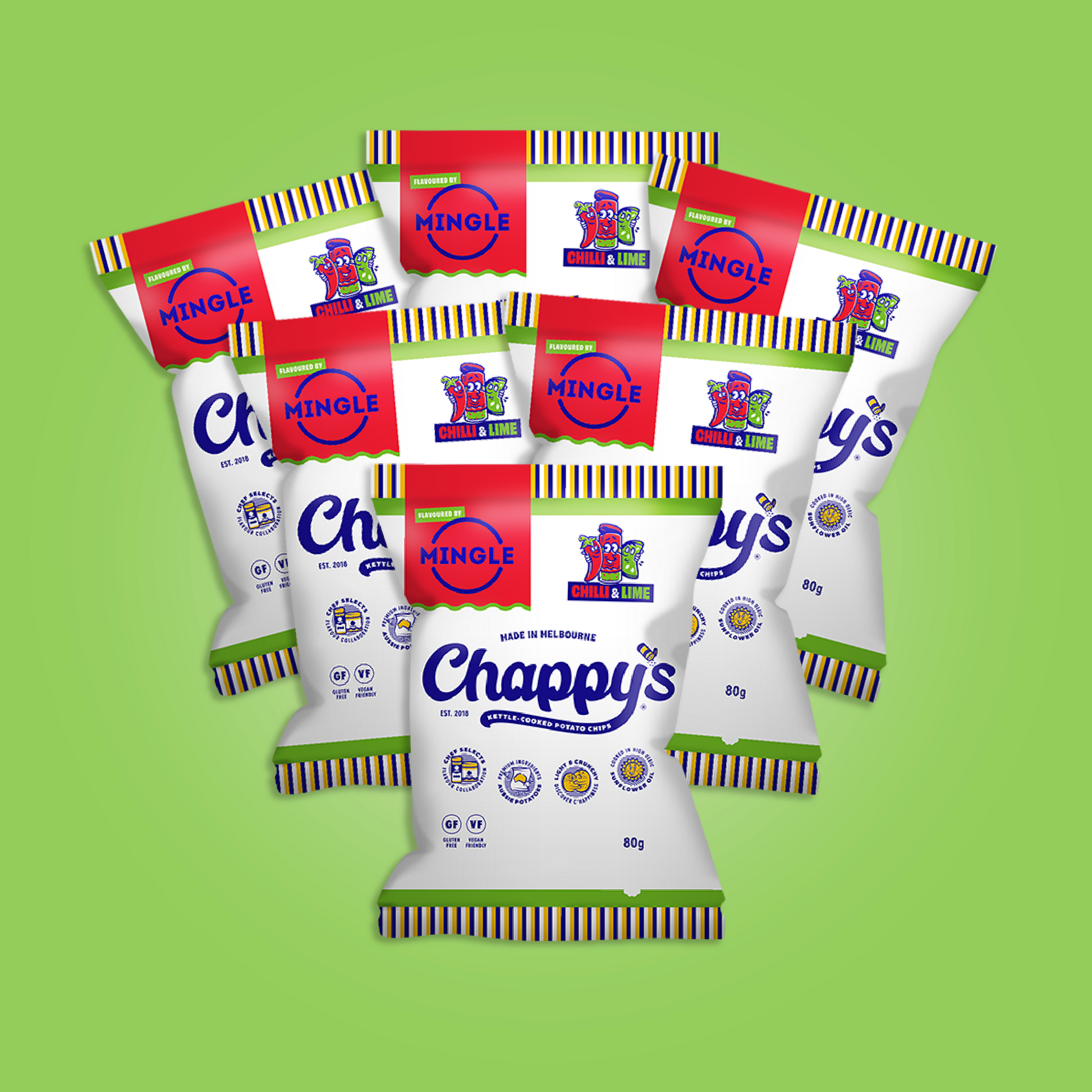 Six packets of Chappy’s Mingle Chilli & Lime kettle-cooked chips, 80g each, arranged in a fan shape on a green background. White packaging with colourful striped borders and red apple “MINGLE” logo.