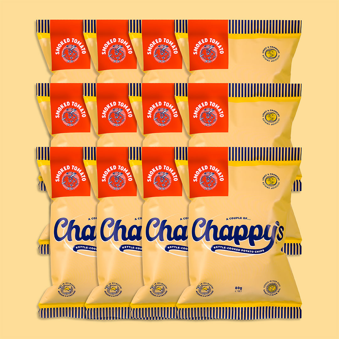 A collection of twelve Chappy's Potato Chips bags arranged in a pattern with the brand's logo and Smoked Tomato colours visible.