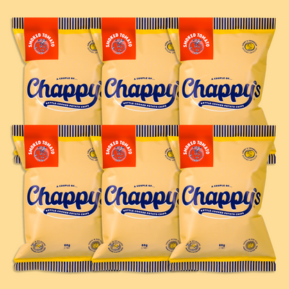 A collection of six Chappy's Potato Chips bags arranged in a pattern with the brand's logo and Smoked Tomato colours visible.