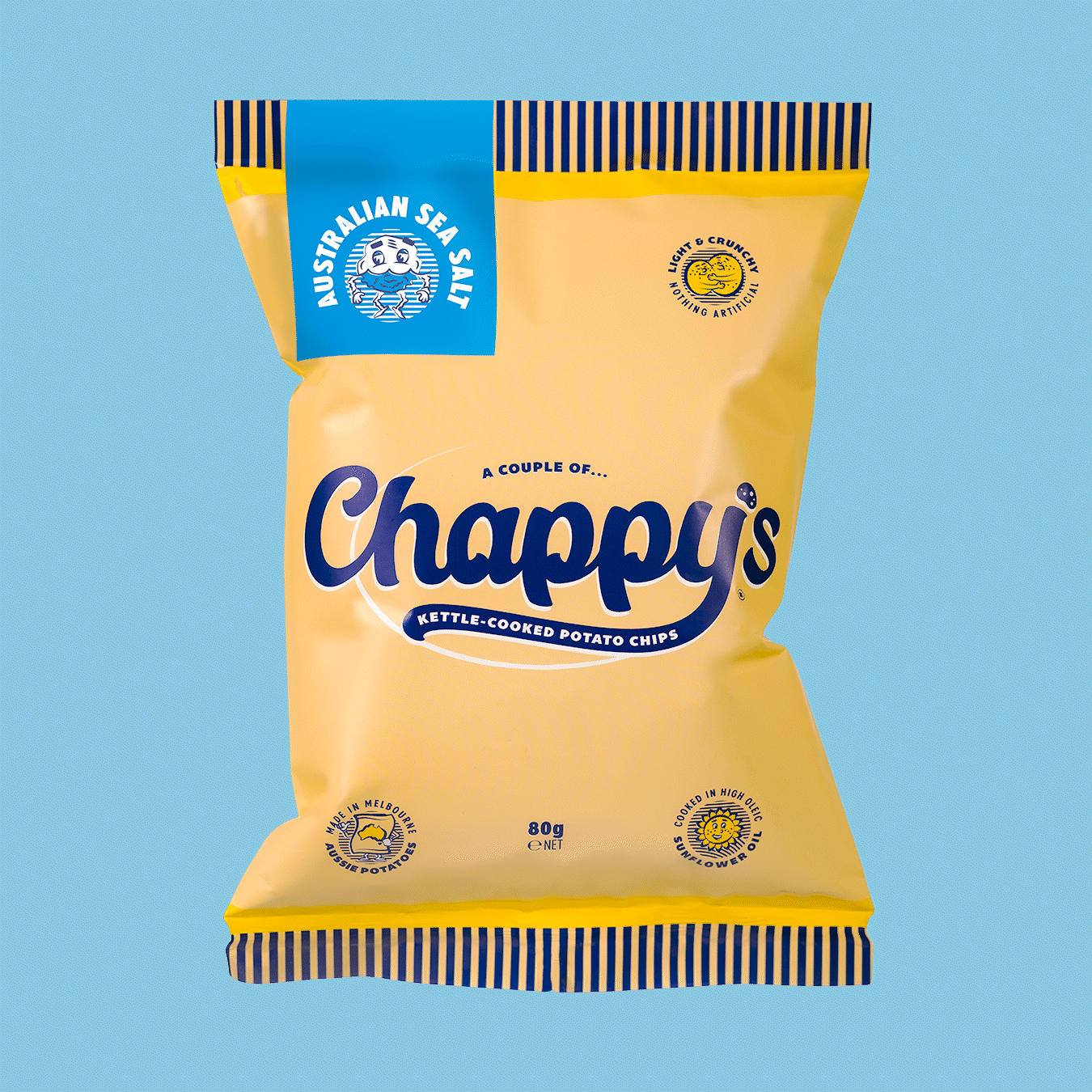 Chappy’s Australian Sea Salt kettle-cooked potato chips, 80g bag with yellow packaging, blue cursive branding, and circular sea salt emblem.