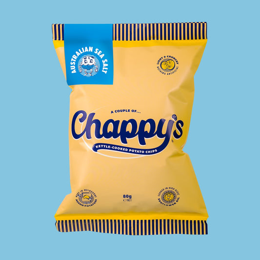 Chappy’s Australian Sea Salt kettle-cooked potato chips, 80g bag with yellow packaging, blue cursive branding, and circular sea salt emblem.