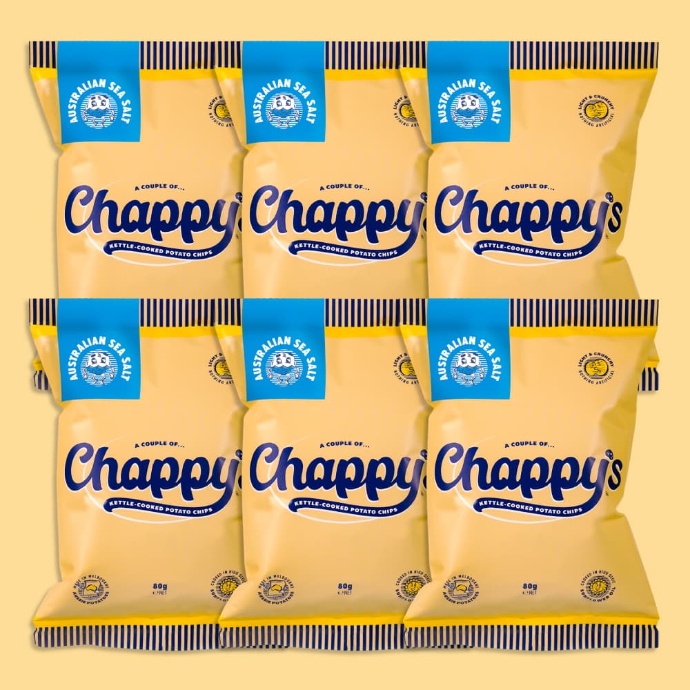 A collection of Chappy's potato chip bags in yellow and Sea Salt blue packaging, arranged in a grid pattern.