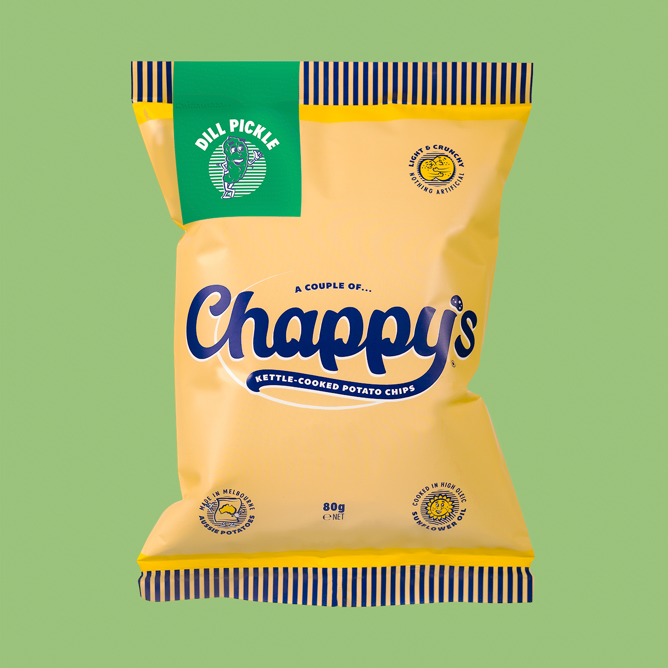 Chappy's Dill Pickle potato chip bag, with the brand name and dill pickle flavour clearly visible.