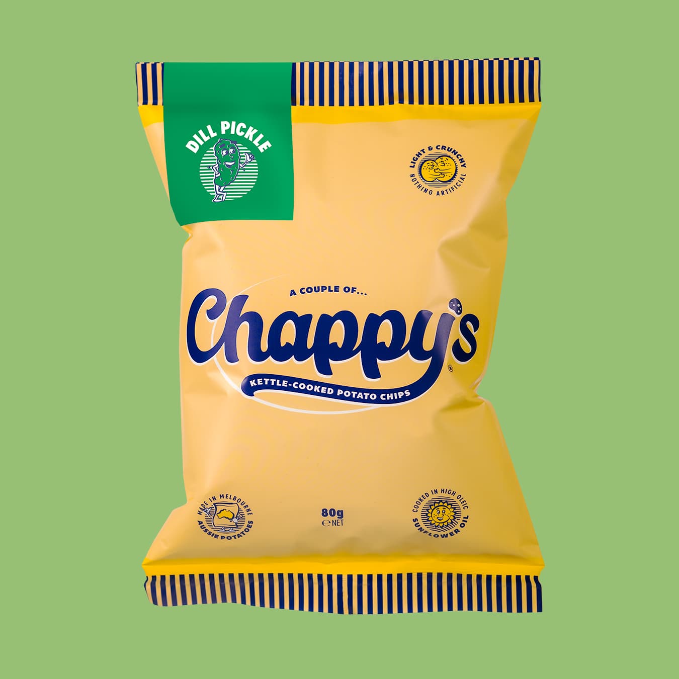 Chappy's Dill Pickle potato chip bag, with the brand name and dill pickle flavour clearly visible.