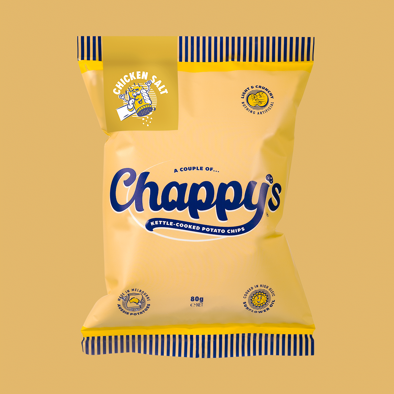Single packet of Chappy’s Chicken, Salt kettle-cooked potato chips, 80g . Yellow packaging with blue cursive branding, lemon and salt graphics.