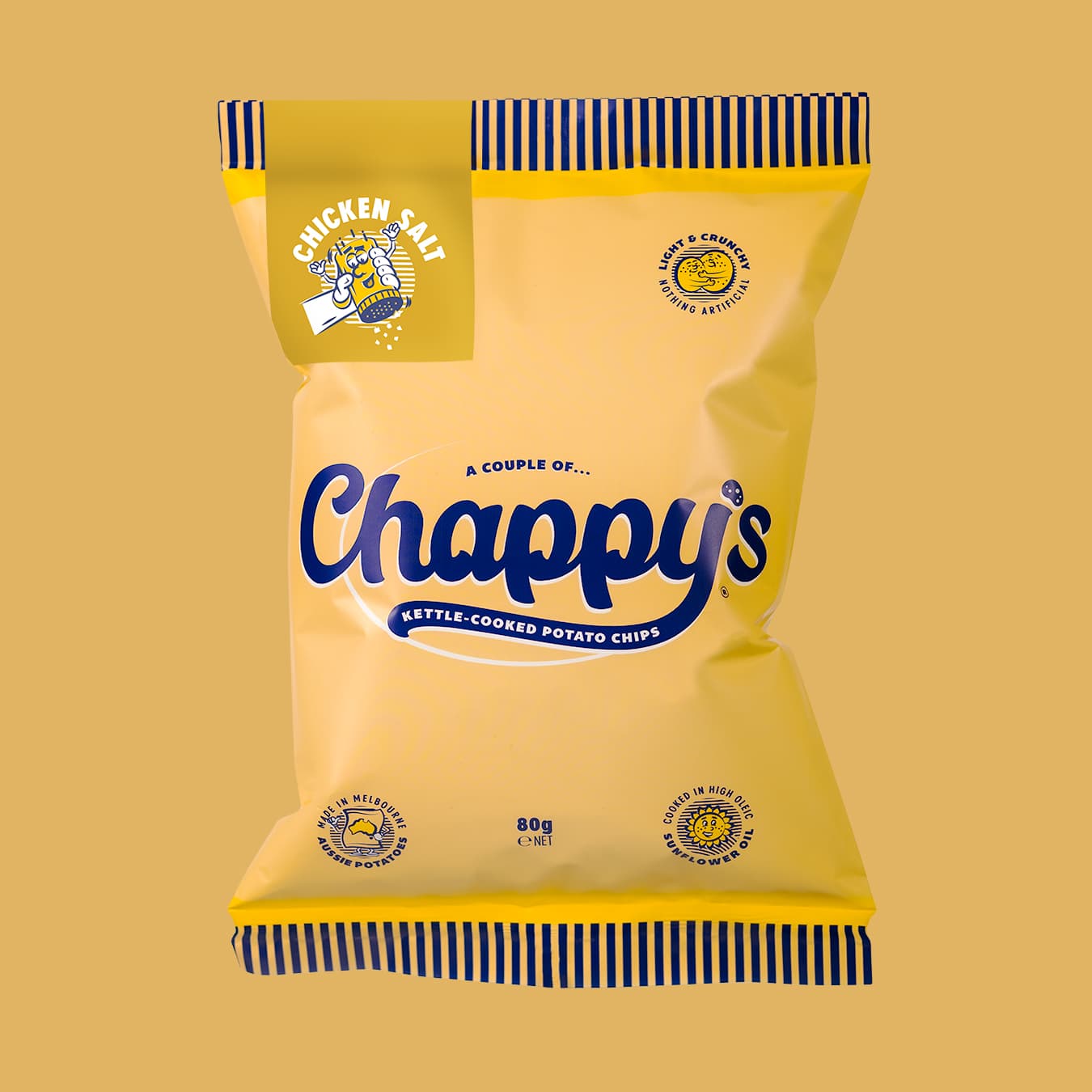 Single packet of Chappy’s Chicken, Salt kettle-cooked potato chips, 80g . Yellow packaging with blue cursive branding, lemon and salt graphics.