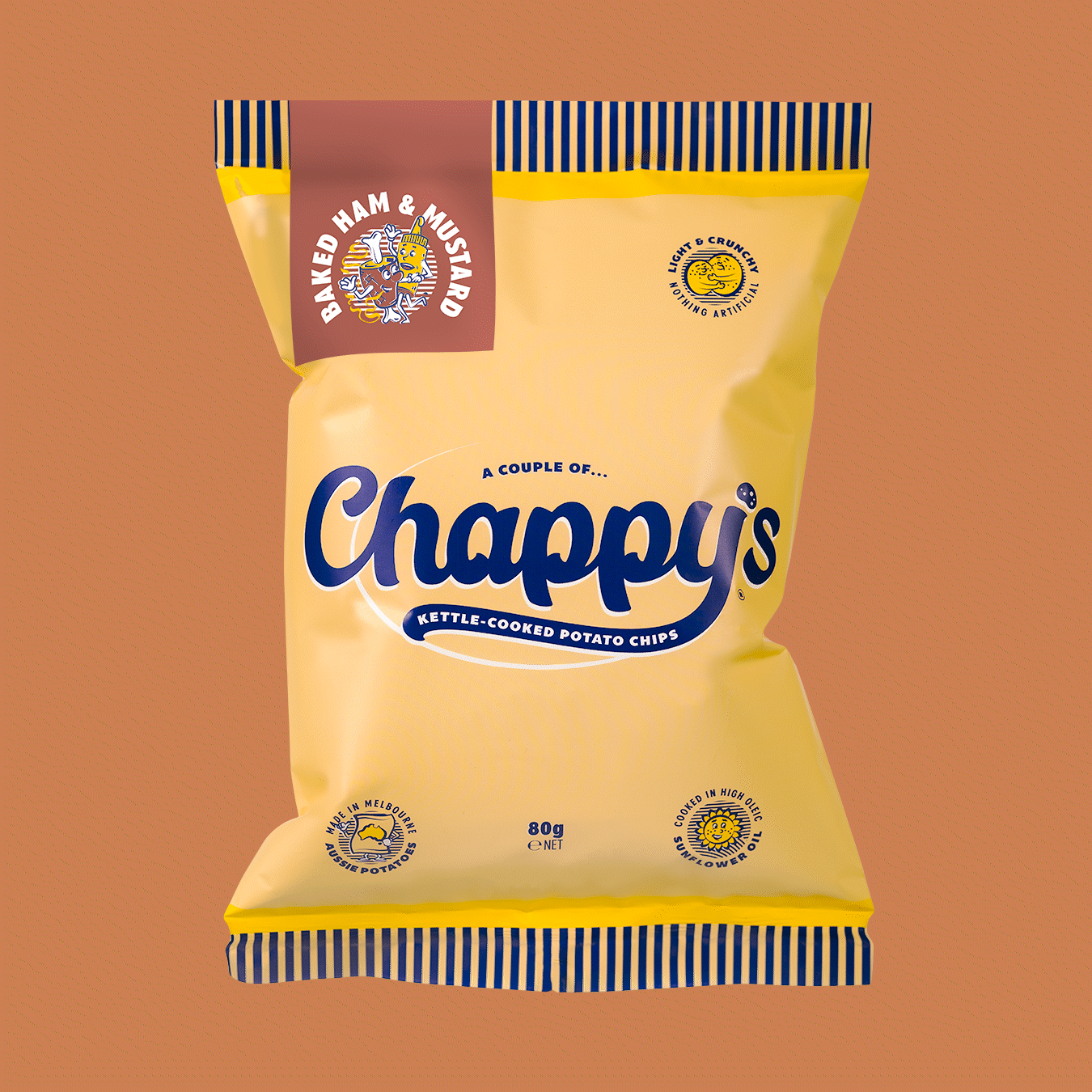Yellow packet of Chappy's potato chips on a brown background.