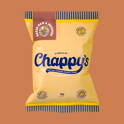Yellow packet of Chappy's potato chips on a brown background.