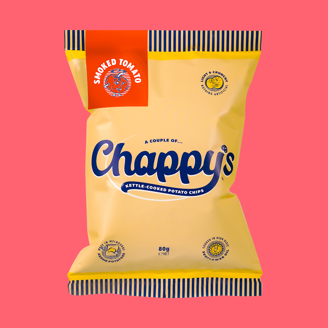 Chappy's Potato Chips bag with the brand's logo and Smoked Tomato colours visible on a yellow background.