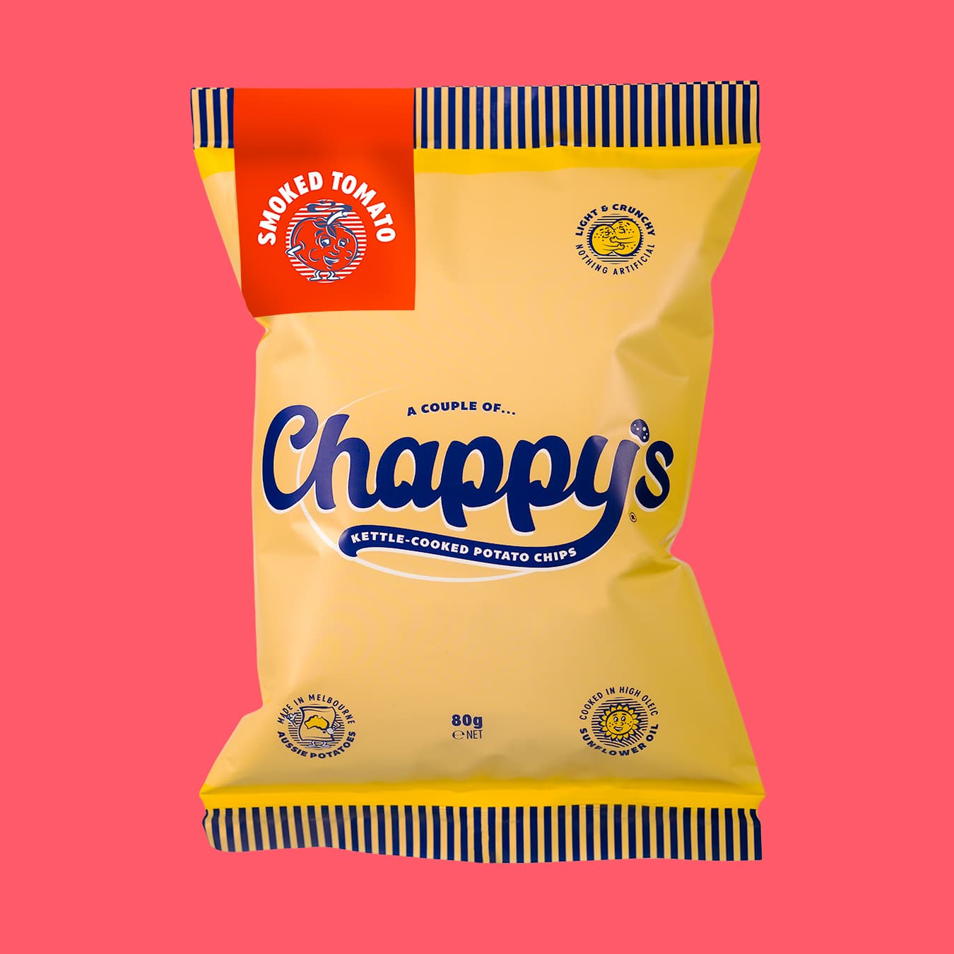 Chappy's Potato Chips bag with the brand's logo and Smoked Tomato colours visible on a yellow background.