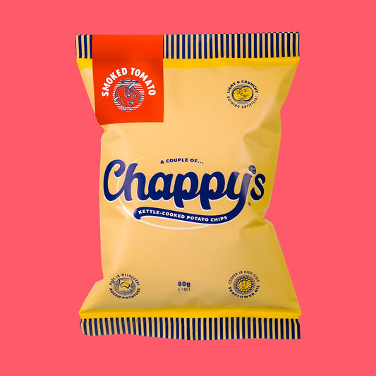 Chappy's Potato Chips bag with the brand's logo and Smoked Tomato colours visible on a yellow background.